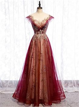 Picture of Wine Red Color Cap Sleeves Tulle with Lace Applique Party Dresses, Wine Red Color Evening Dresses Prom Dresses